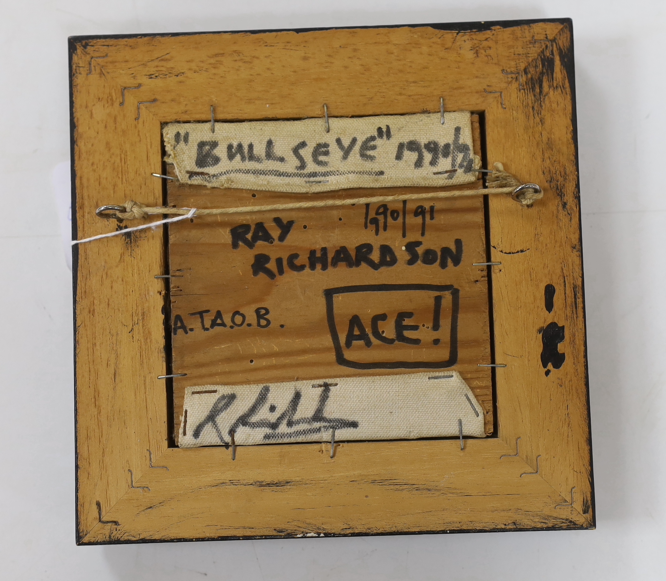 Ray Richardson (b.1964), contemporary oil on canvas, laid on board, ‘Bullseye’, inscribed verso, 10.5 x 10.5cm, (Evidence of woodworm)